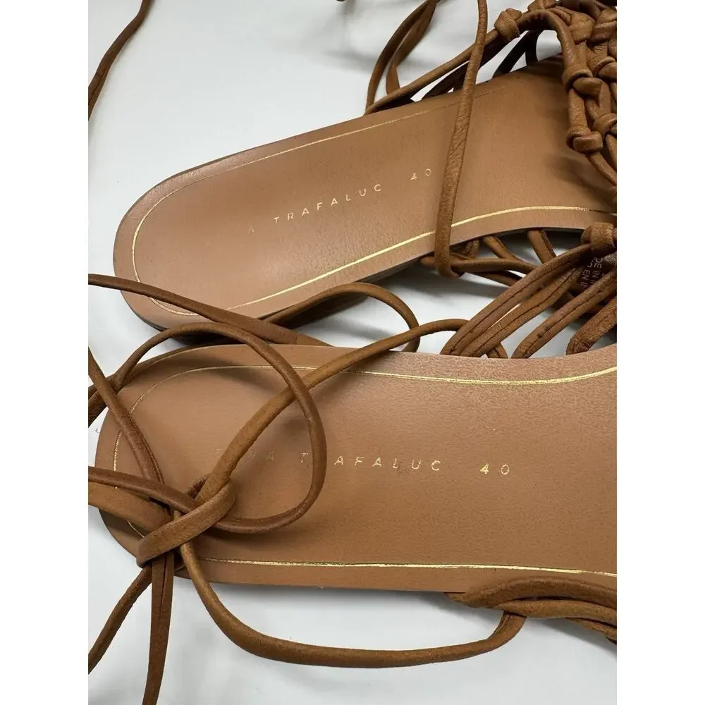 Zara Trafaluc Brown Braided Ankle Wrap Flats US Size 9 Euro 40 - Picture 7 of 8